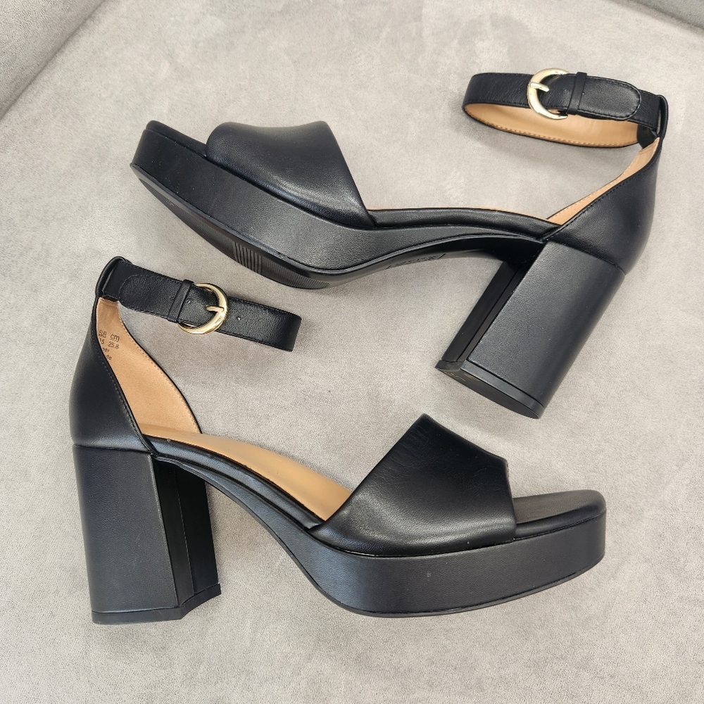 Naturalizer Heeled Sandals 9.5 Black Leather Pearlyn Platform Chunky New $140